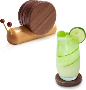 Wooden Coasters for Drinks, Funny Coasters 5 Pcs Cute Snail Natural Wood Coaster Set with Holder Bar Coaster Decorative for Coffee Table Desk Modern Home Decor Housewarming Gifts(2.75 × 2.75 inches)