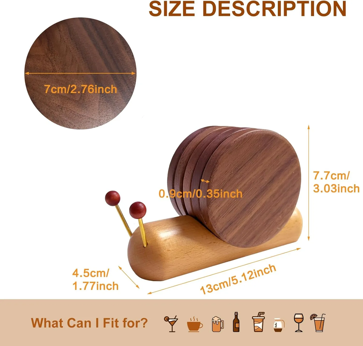 Wooden Coasters for Drinks, Funny Coasters 5 Pcs Cute Snail Natural Wood Coaster Set with Holder Bar Coaster Decorative for Coffee Table Desk Modern Home Decor Housewarming Gifts(2.75 × 2.75 inches)