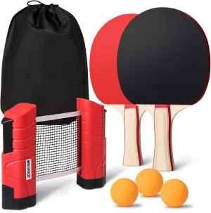XGEAR Anywhere Ping Pong Equipment to-Go Includes Retractable Net Post, 2 Ping Pong Paddles, 3 pcs Balls, Attach to Any Table Surface