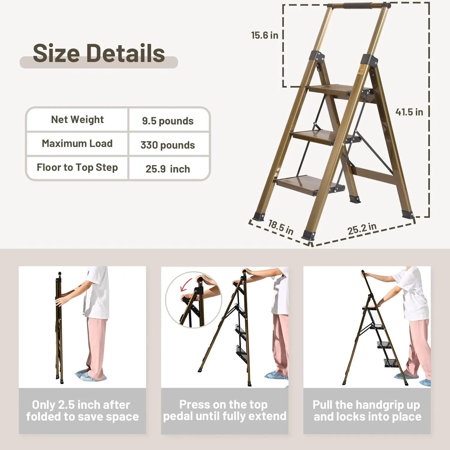 XinSunho 3 Step Ladder, Aluminum 3 Step Stool with Retractable Handrail and Anti-Slip Wide Pedal, Folding Stool Ladders 3 Steps, 330lbs Safety Household Slim Ladder