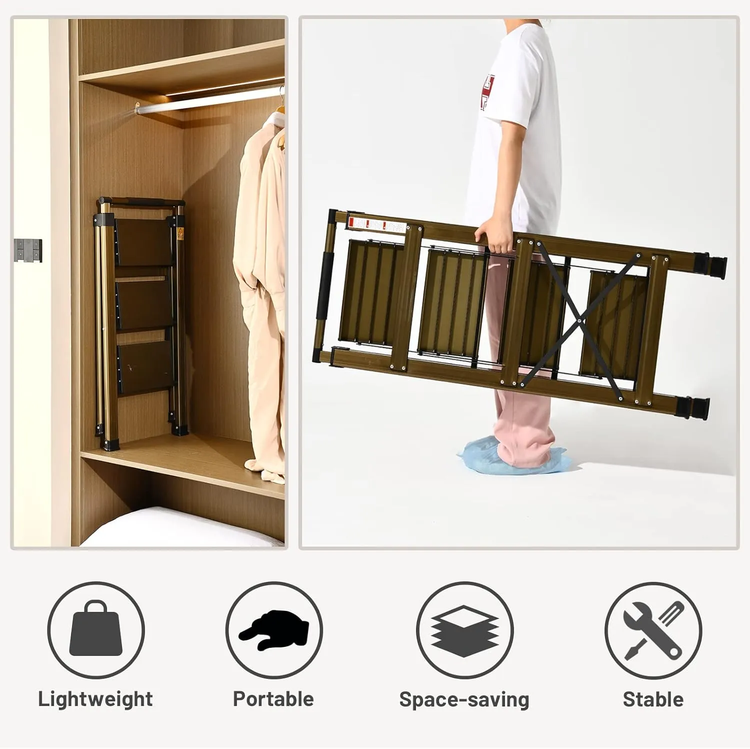 XinSunho 3 Step Ladder, Aluminum 3 Step Stool with Retractable Handrail and Anti-Slip Wide Pedal, Folding Stool Ladders 3 Steps, 330lbs Safety Household Slim Ladder