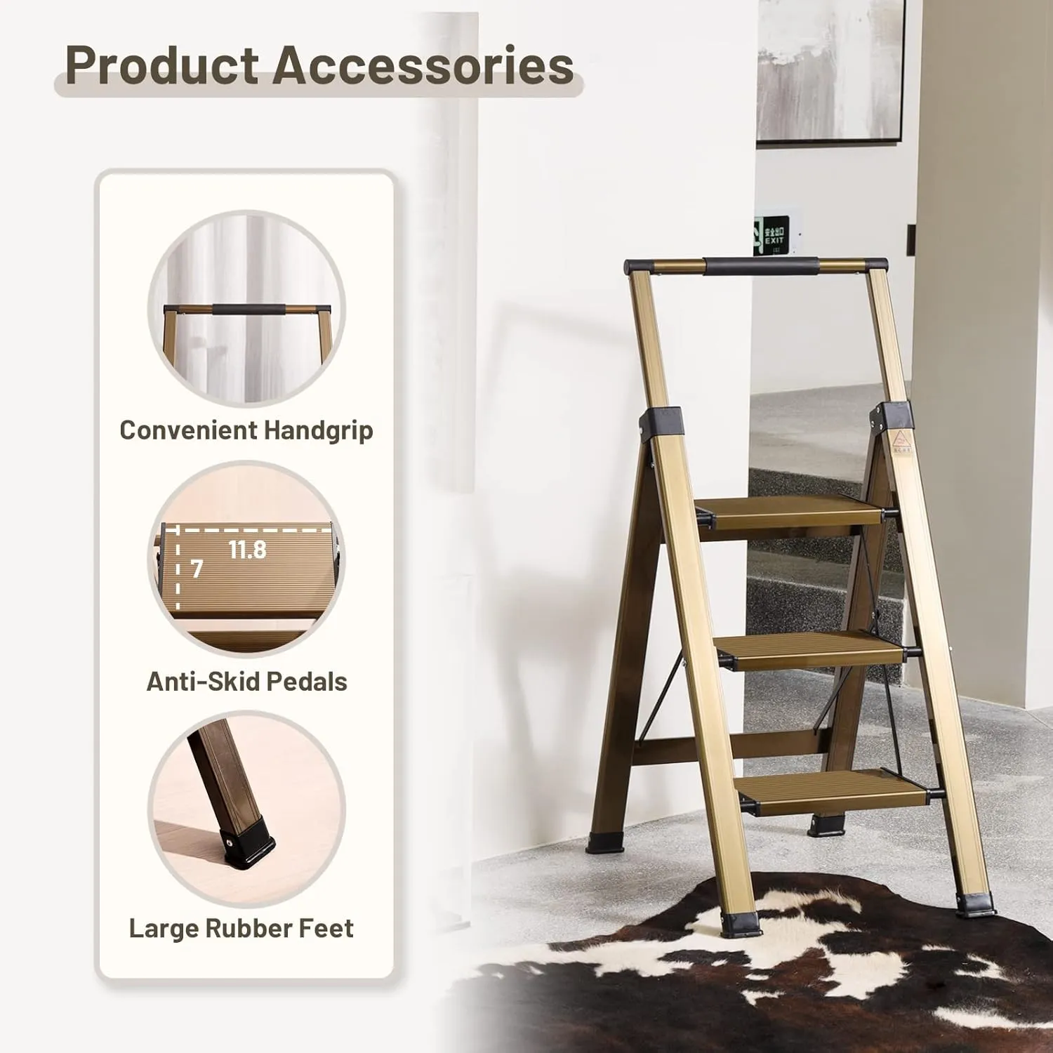 XinSunho 3 Step Ladder, Aluminum 3 Step Stool with Retractable Handrail and Anti-Slip Wide Pedal, Folding Stool Ladders 3 Steps, 330lbs Safety Household Slim Ladder