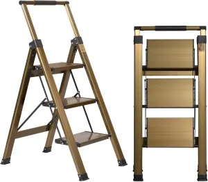 XinSunho 3 Step Ladder, Aluminum 3 Step Stool with Retractable Handrail and Anti-Slip Wide Pedal, Folding Stool Ladders 3 Steps, 330lbs Safety Household Slim Ladder