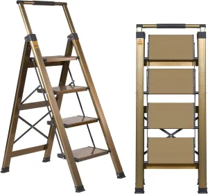 XinSunho 4 Step Ladder, Aluminum 4 Step Stool with Retractable Handrail and Anti-Slip Wide Pedal, Folding Stool Ladders 4 Steps, 330lbs Safety Household Slim Ladder