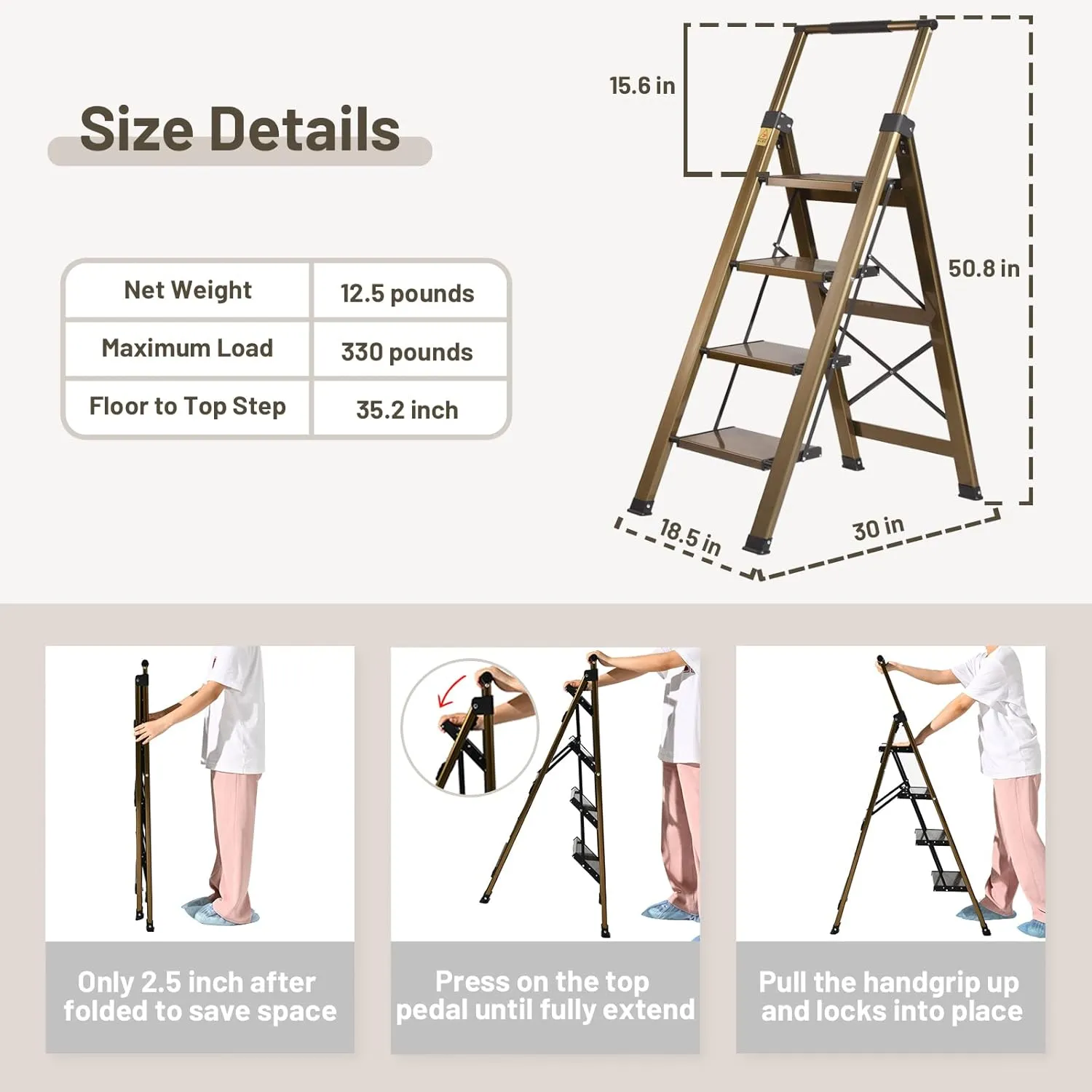 XinSunho 4 Step Ladder, Aluminum 4 Step Stool with Retractable Handrail and Anti-Slip Wide Pedal, Folding Stool Ladders 4 Steps, 330lbs Safety Household Slim Ladder