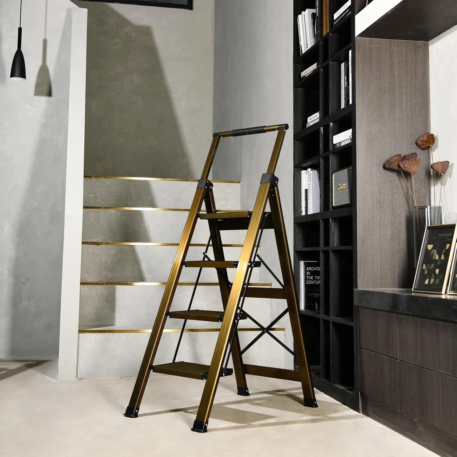 XinSunho 4 Step Ladder, Aluminum 4 Step Stool with Retractable Handrail and Anti-Slip Wide Pedal, Folding Stool Ladders 4 Steps, 330lbs Safety Household Slim Ladder