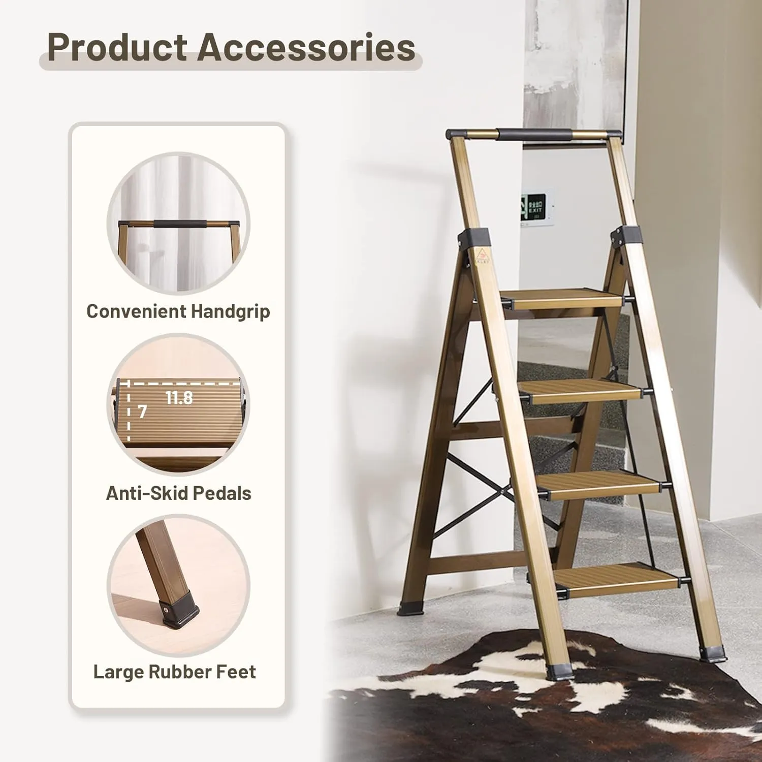 XinSunho 4 Step Ladder, Aluminum 4 Step Stool with Retractable Handrail and Anti-Slip Wide Pedal, Folding Stool Ladders 4 Steps, 330lbs Safety Household Slim Ladder