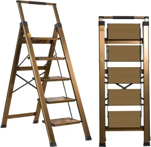 XinSunho 5 Step Ladder, Aluminum 5 Step Stool with Retractable Handrail and Anti-Slip Wide Pedal, Folding Stool Ladders 5 Steps, 330lbs Safety Household Slim Ladder