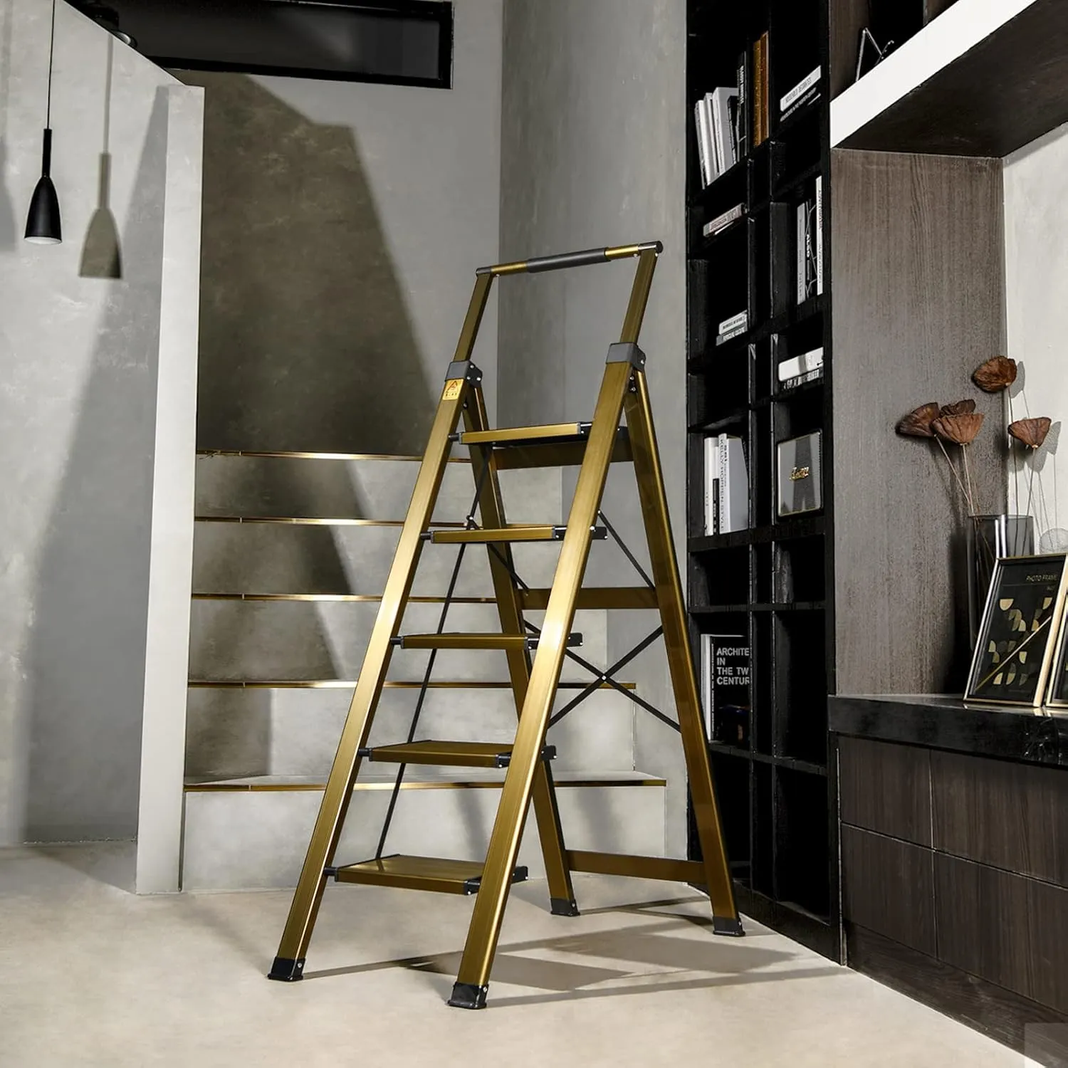 XinSunho 5 Step Ladder, Aluminum 5 Step Stool with Retractable Handrail and Anti-Slip Wide Pedal, Folding Stool Ladders 5 Steps, 330lbs Safety Household Slim Ladder