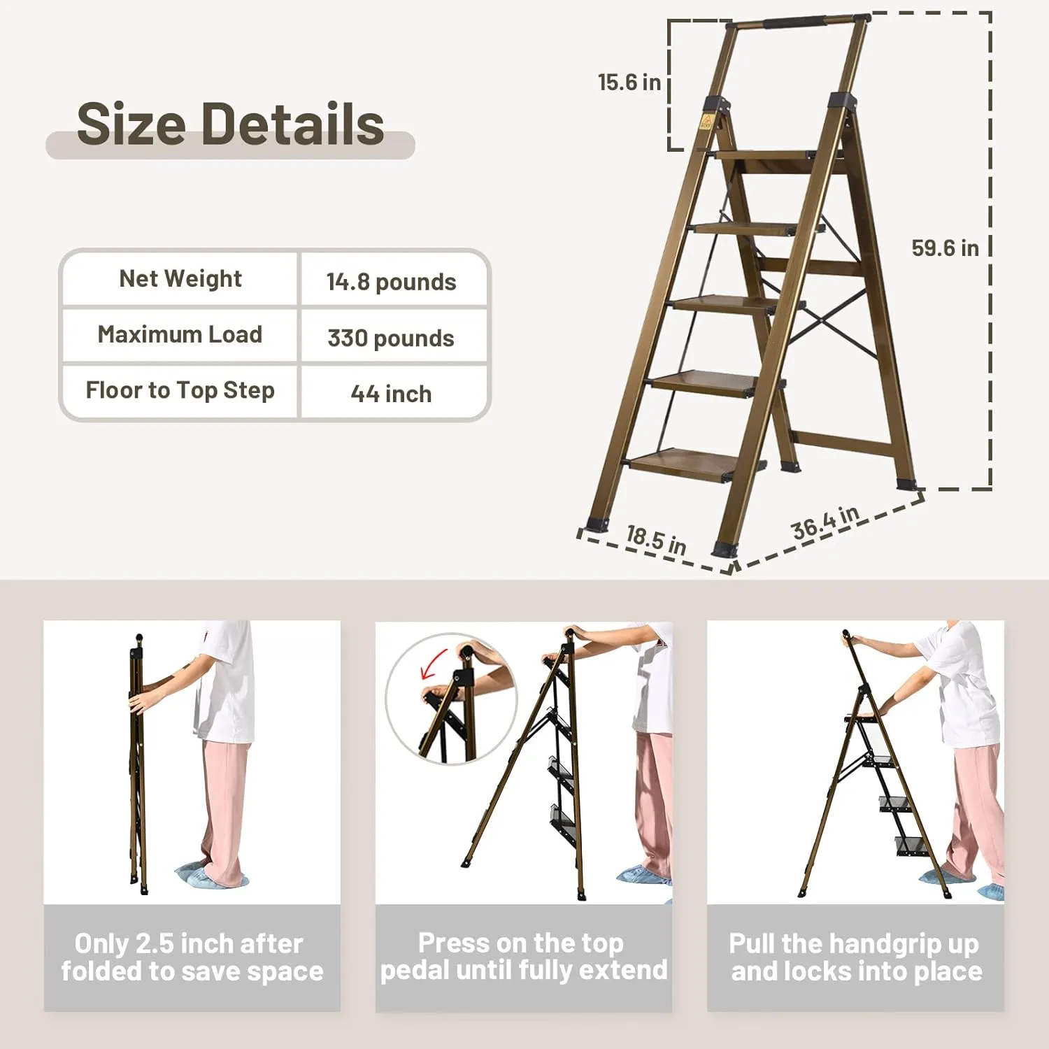 XinSunho 5 Step Ladder, Aluminum 5 Step Stool with Retractable Handrail and Anti-Slip Wide Pedal, Folding Stool Ladders 5 Steps, 330lbs Safety Household Slim Ladder