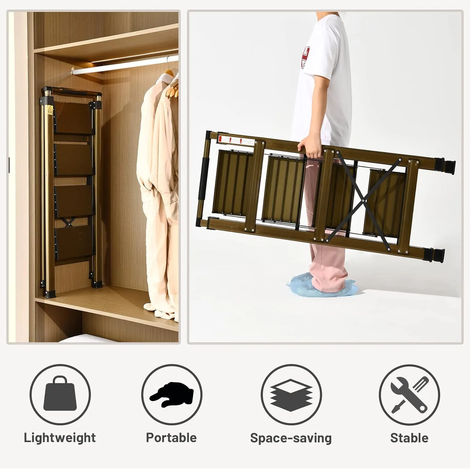 XinSunho 5 Step Ladder, Aluminum 5 Step Stool with Retractable Handrail and Anti-Slip Wide Pedal, Folding Stool Ladders 5 Steps, 330lbs Safety Household Slim Ladder