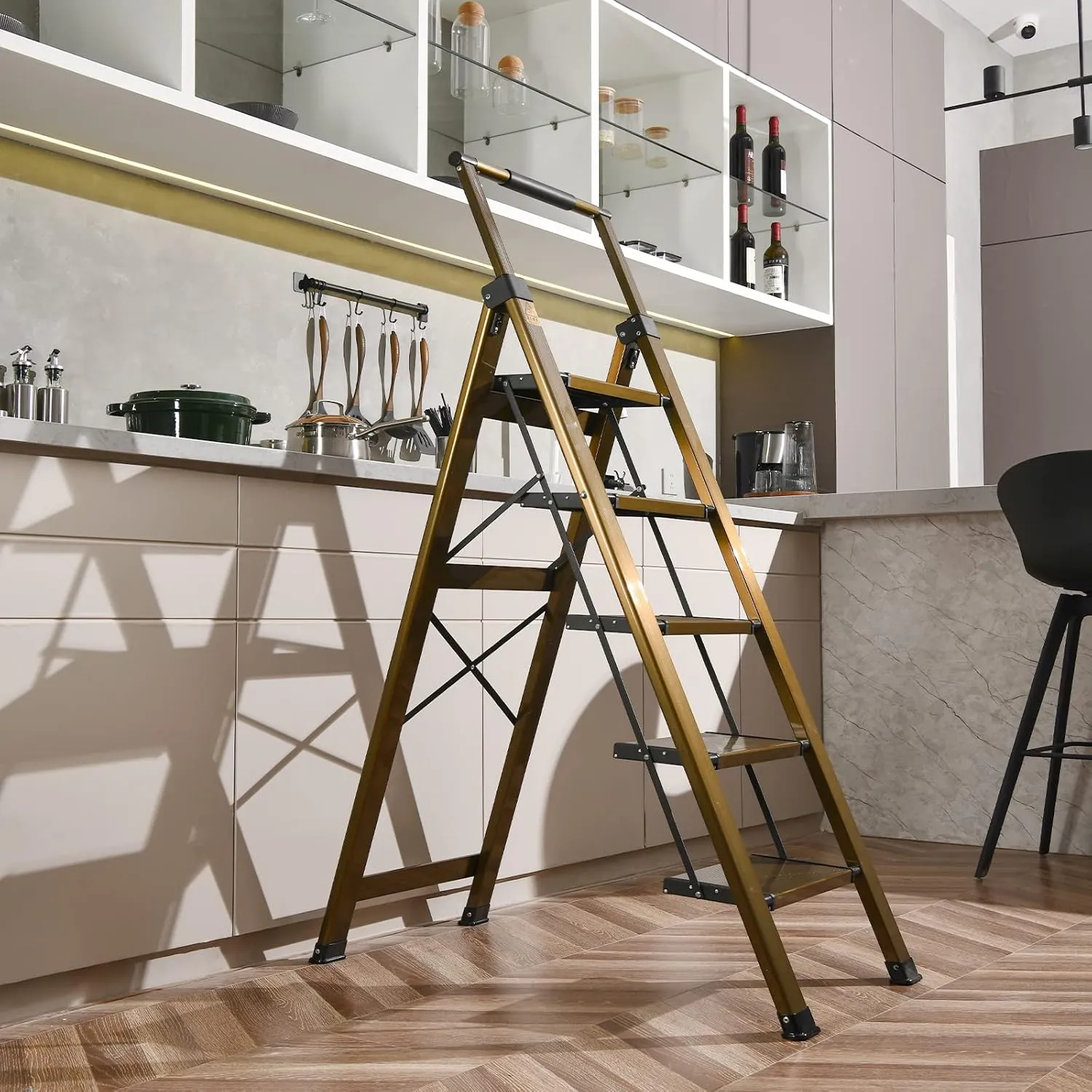 XinSunho 5 Step Ladder, Aluminum 5 Step Stool with Retractable Handrail and Anti-Slip Wide Pedal, Folding Stool Ladders 5 Steps, 330lbs Safety Household Slim Ladder