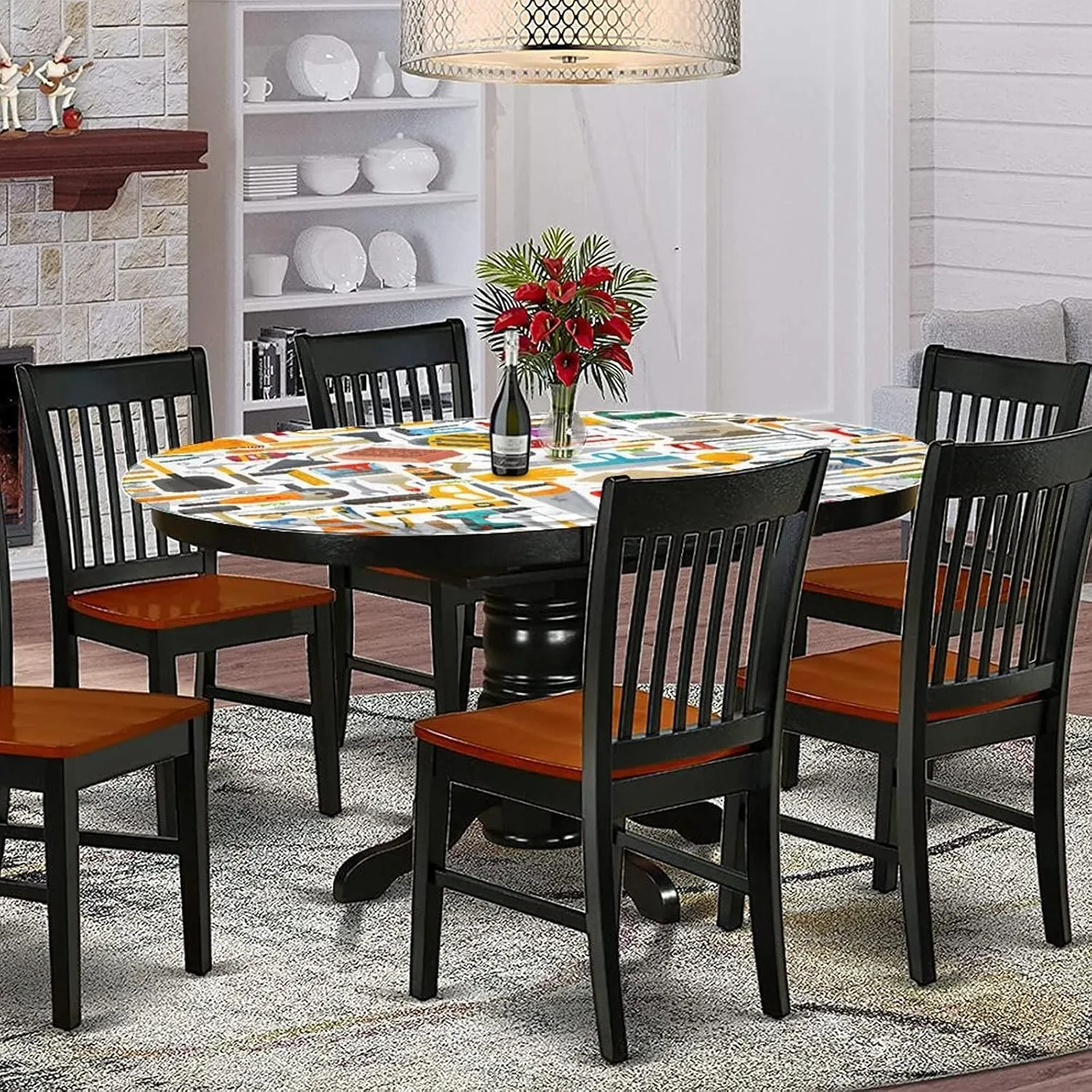 XISUNYA Oval Fitted Tablecloth, Construction Elasticized Polyester Table Cover,Construction Tools in Cartoon Print Fitted Table Cloth, Fits Oval Tables up to 42" x 60", for Party Outdoor Patio