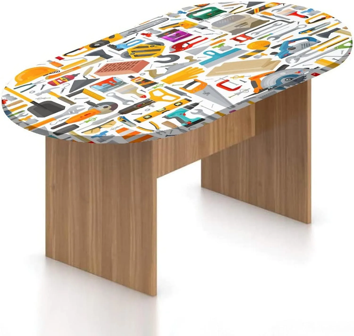 XISUNYA Oval Fitted Tablecloth, Construction Elasticized Polyester Table Cover,Construction Tools in Cartoon Print Fitted Table Cloth, Fits Oval Tables up to 42" x 60", for Party Outdoor Patio