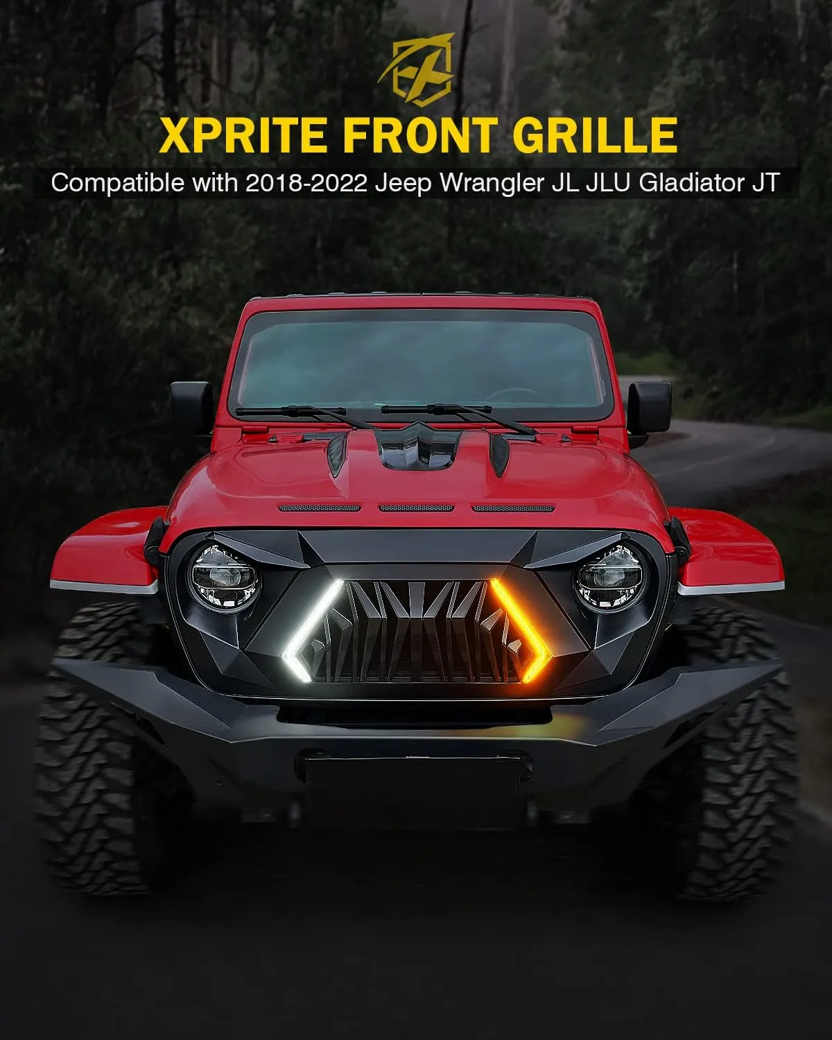 Xprite Front Grill Replacement Compatible with 2018-2025 Jeep Wrangler JL JLU & 2020  Gladiator JT, Matte Black Shark Grille w/Running and Turn Signals Light