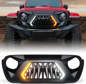 Xprite Front Grill Replacement Compatible with 2018-2025 Jeep Wrangler JL JLU & 2020  Gladiator JT, Matte Black Shark Grille w/Running and Turn Signals Light