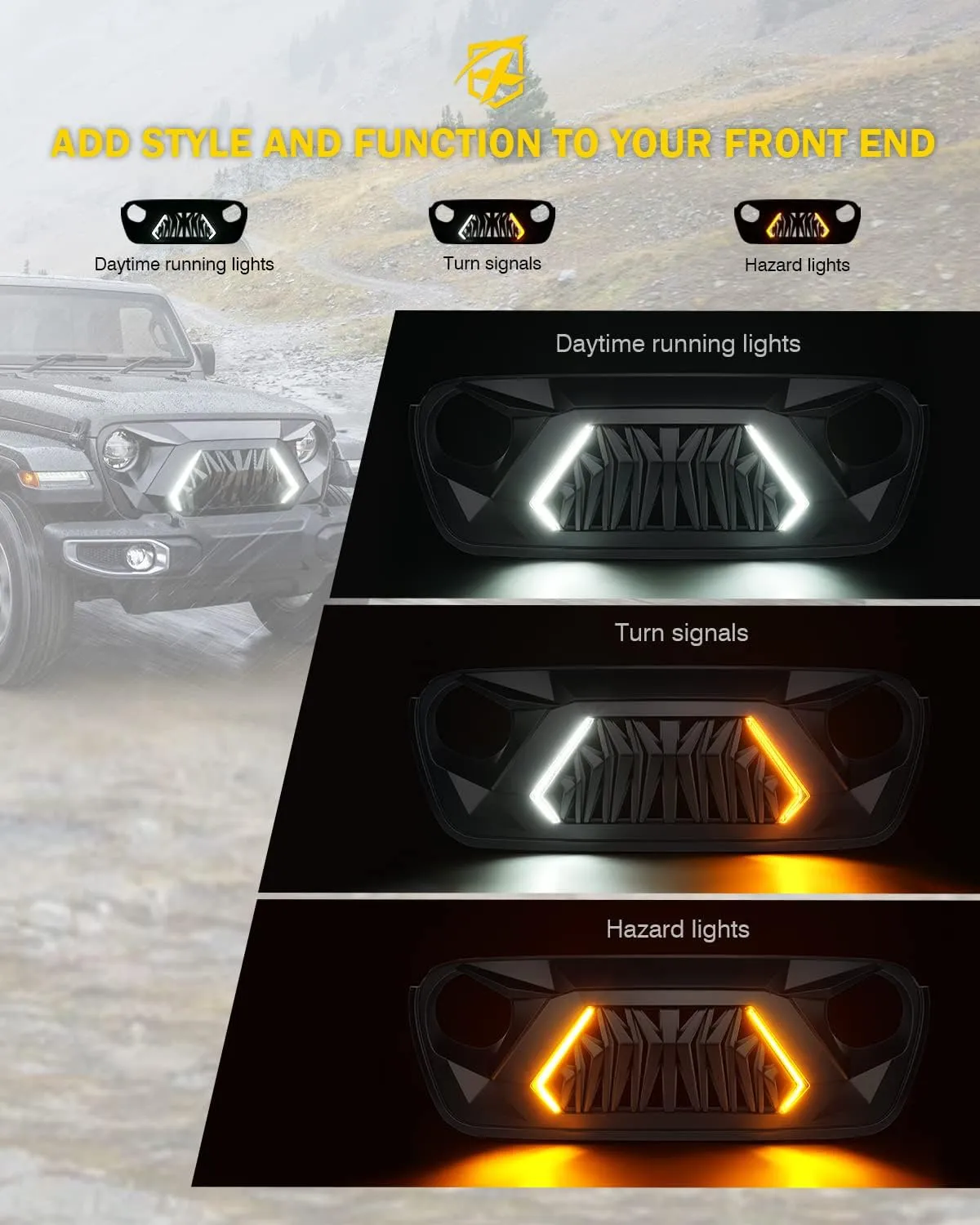 Xprite Front Grill Replacement Compatible with 2018-2025 Jeep Wrangler JL JLU & 2020  Gladiator JT, Matte Black Shark Grille w/Running and Turn Signals Light