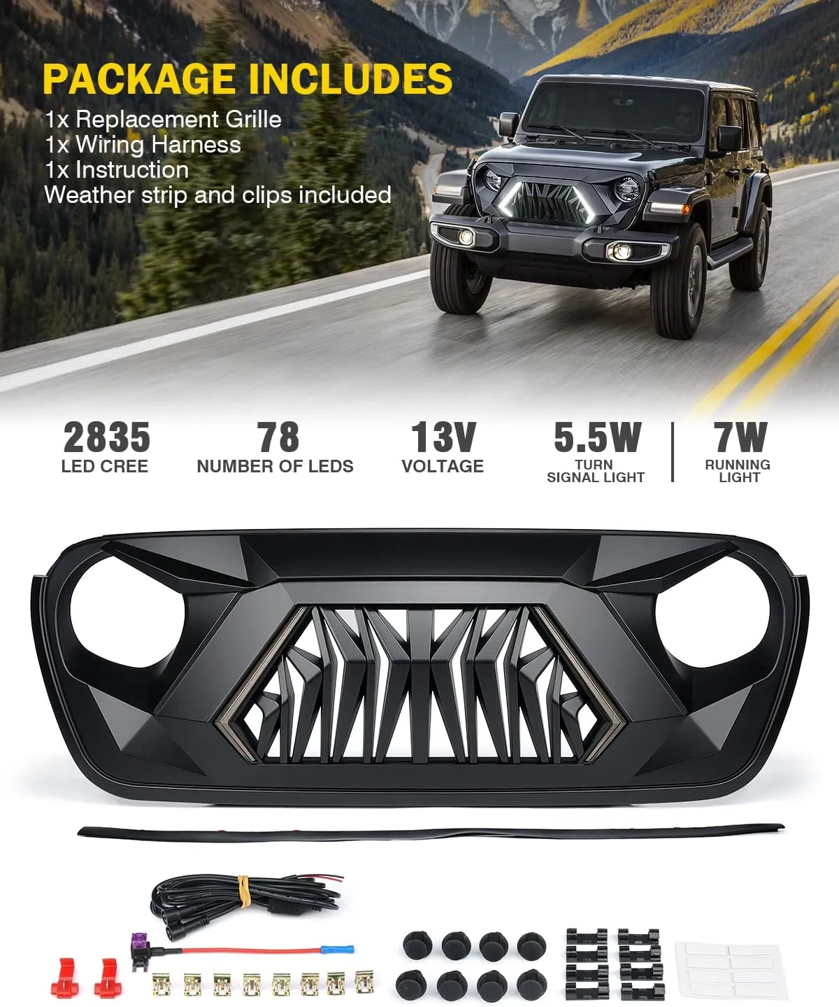 Xprite Front Grill Replacement Compatible with 2018-2025 Jeep Wrangler JL JLU & 2020  Gladiator JT, Matte Black Shark Grille w/Running and Turn Signals Light