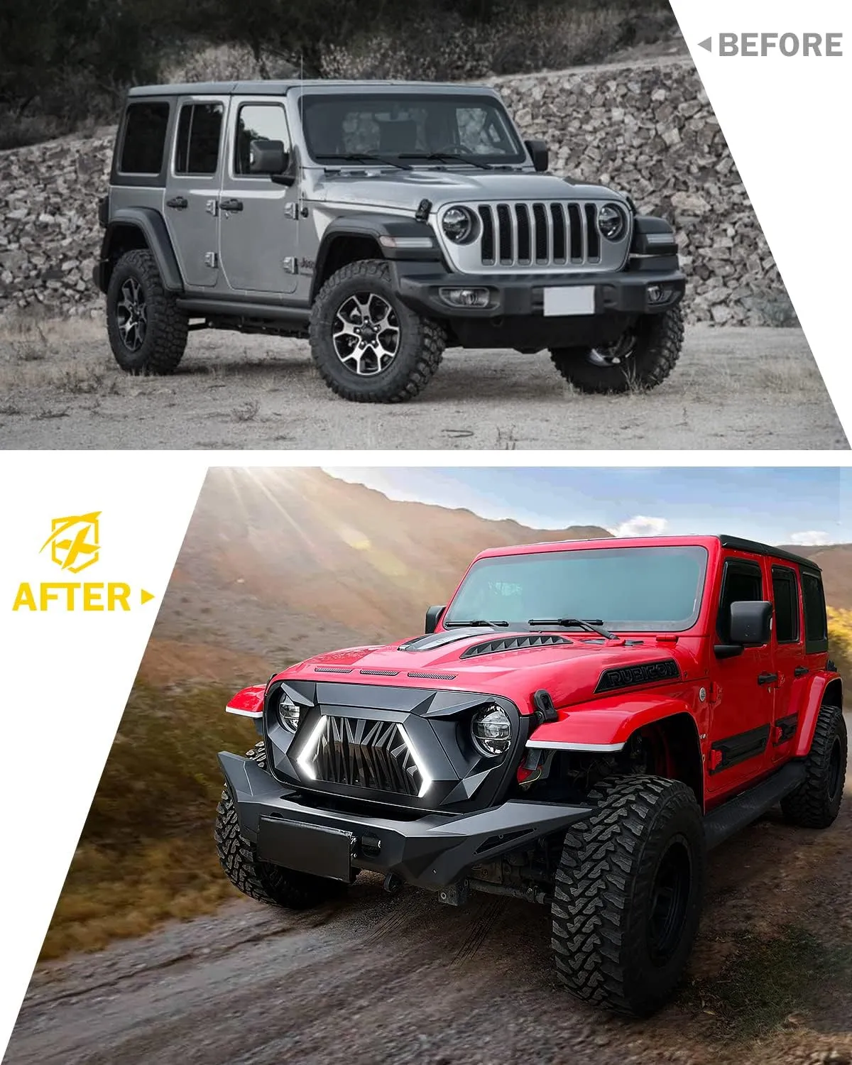 Xprite Front Grill Replacement Compatible with 2018-2025 Jeep Wrangler JL JLU & 2020  Gladiator JT, Matte Black Shark Grille w/Running and Turn Signals Light