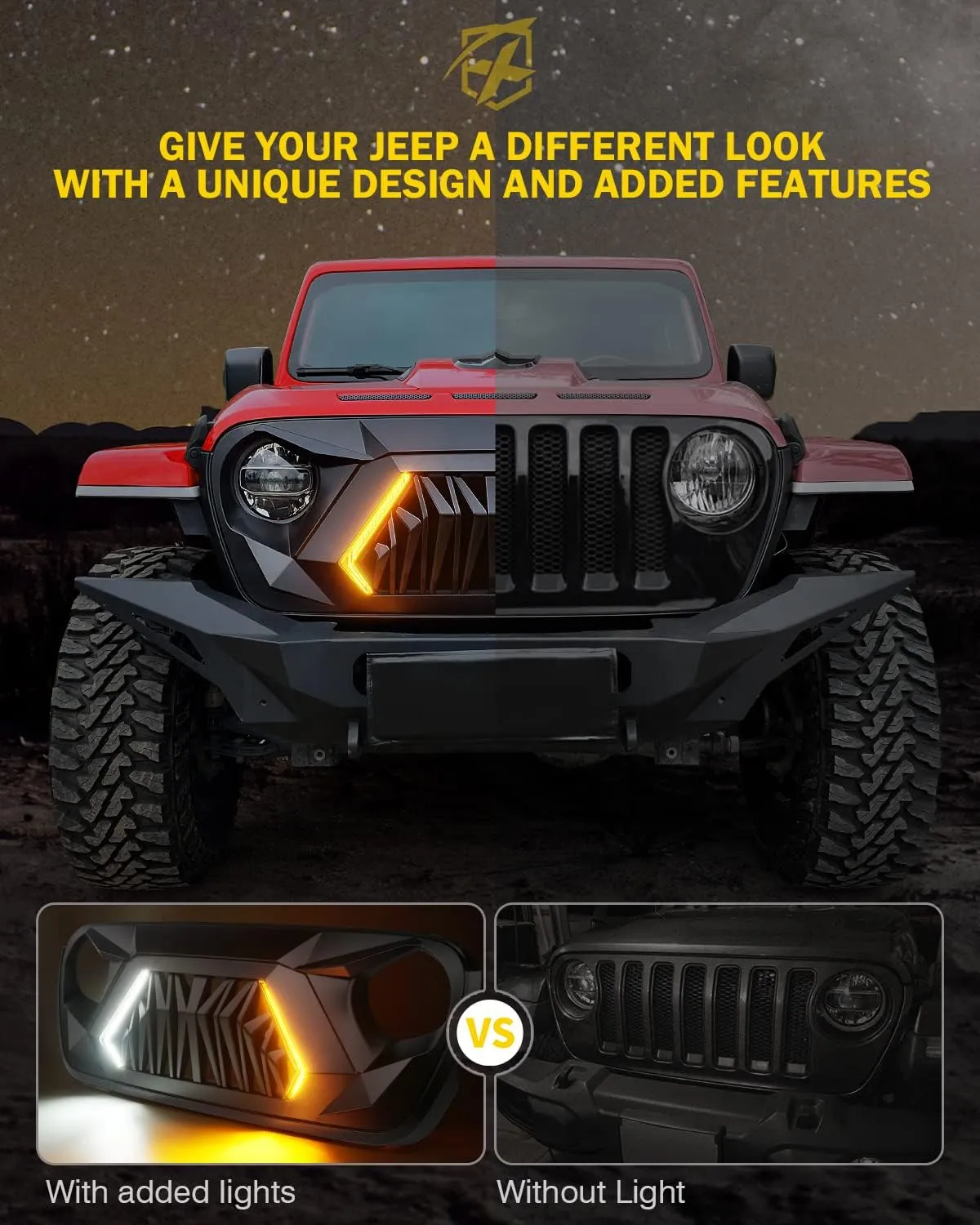 Xprite Front Grill Replacement Compatible with 2018-2025 Jeep Wrangler JL JLU & 2020  Gladiator JT, Matte Black Shark Grille w/Running and Turn Signals Light