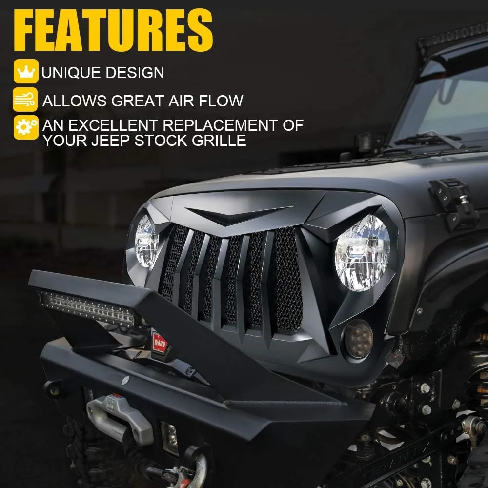 Xprite Matte Black Front Grill Grid Grille w/Mesh Compatible with Jeep Wrangler Rubicon Sahara Sport JK 2007-2018
