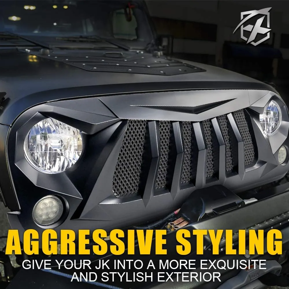 Xprite Matte Black Front Grill Grid Grille w/Mesh Compatible with Jeep Wrangler Rubicon Sahara Sport JK 2007-2018