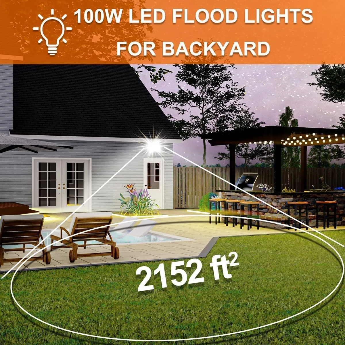 XXBSAZ 2 Pack 100W Flood Lights Outdoor Convertible IP66 Water-Proof Outdoor Light for Backyard,Garage,BBQ Area,Parking Lot,Pool