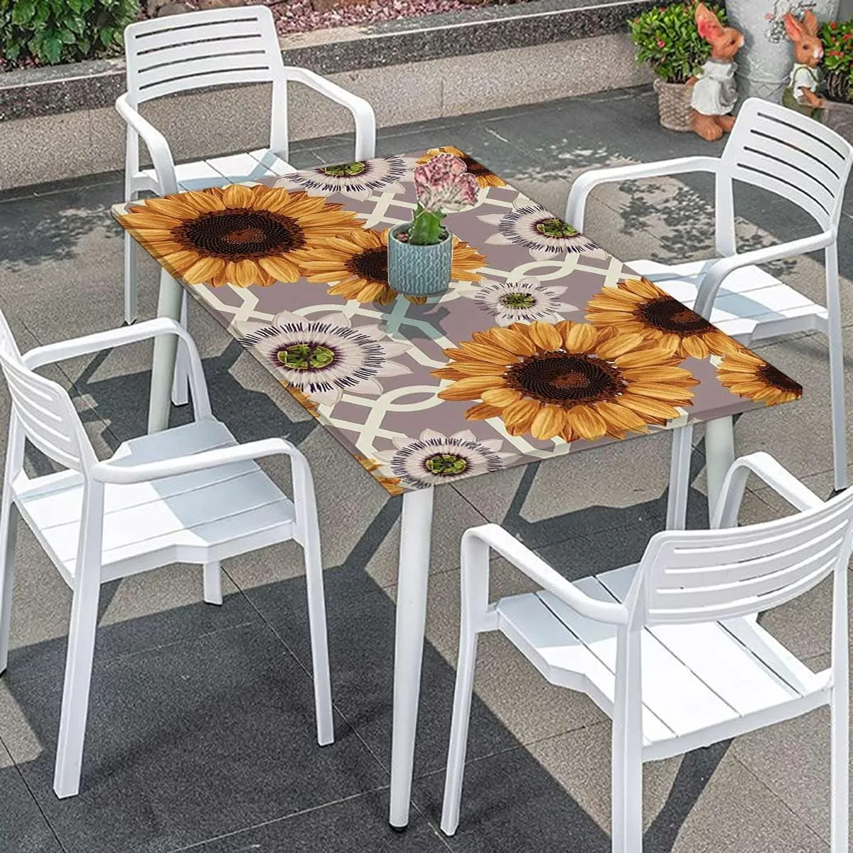 Yellow Brown Elastic Tablecloth for Indoors Outdoors Sunflowers Rustic Ornamental Image Elastic Edge Fitted Tablecloth for Rectangle Table Floral Fits up 5 Foot Tables