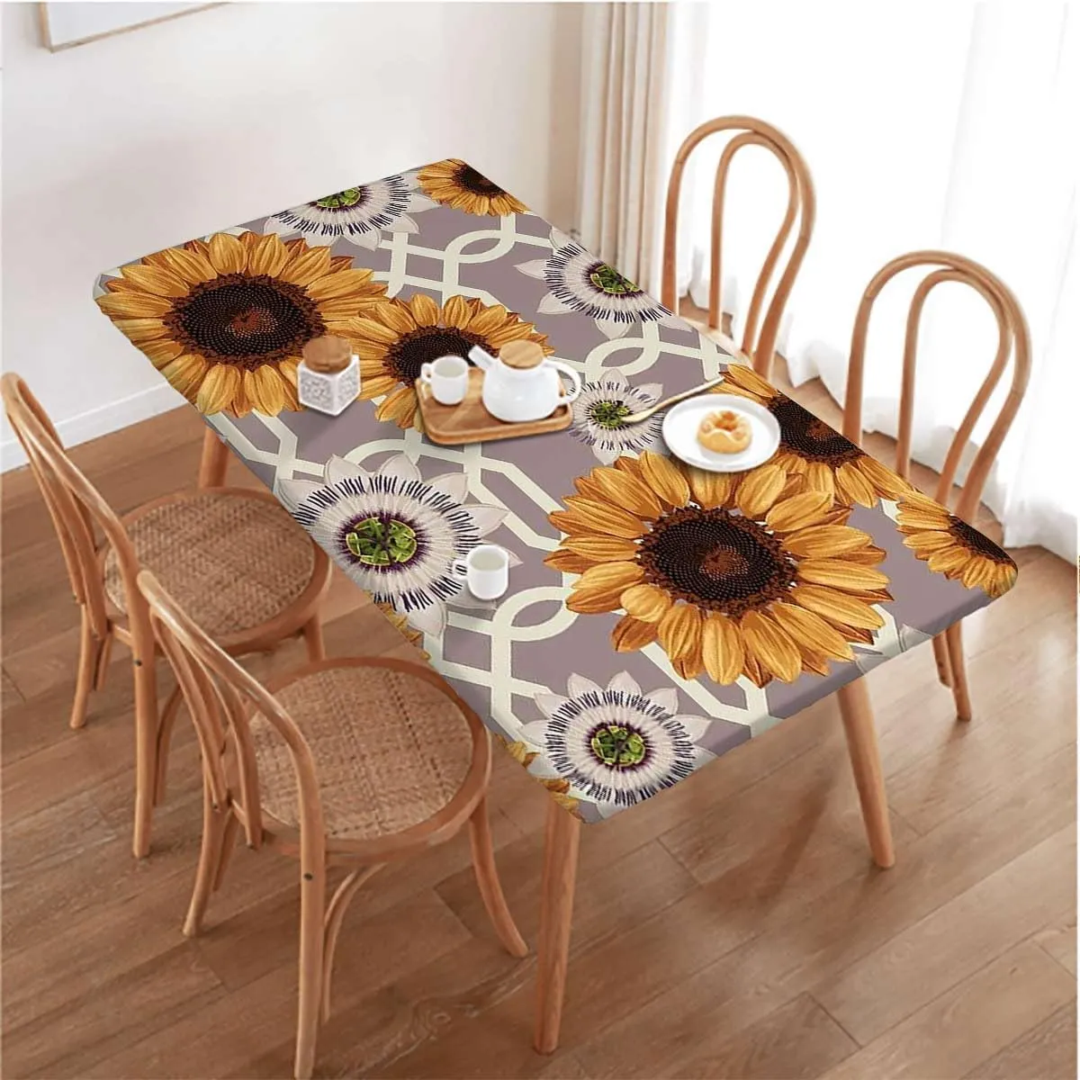 Yellow Brown Elastic Tablecloth for Indoors Outdoors Sunflowers Rustic Ornamental Image Elastic Edge Fitted Tablecloth for Rectangle Table Floral Fits up 5 Foot Tables