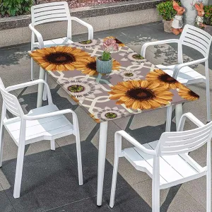 Yellow Brown Elastic Tablecloth for Indoors Outdoors Sunflowers Rustic Ornamental Image Elastic Edge Fitted Tablecloth for Rectangle Table Floral Fits up 5 Foot Tables