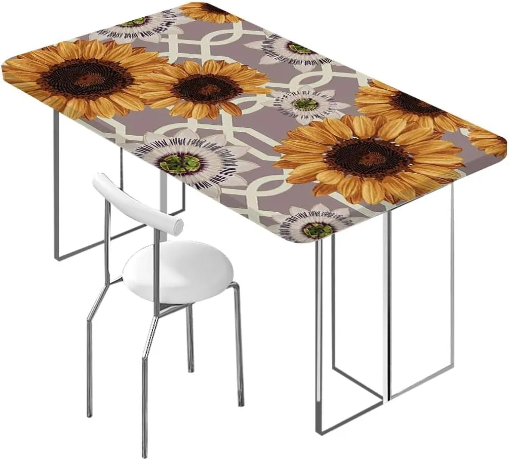 Yellow Brown Elastic Tablecloth for Indoors Outdoors Sunflowers Rustic Ornamental Image Elastic Edge Fitted Tablecloth for Rectangle Table Floral Fits up 5 Foot Tables