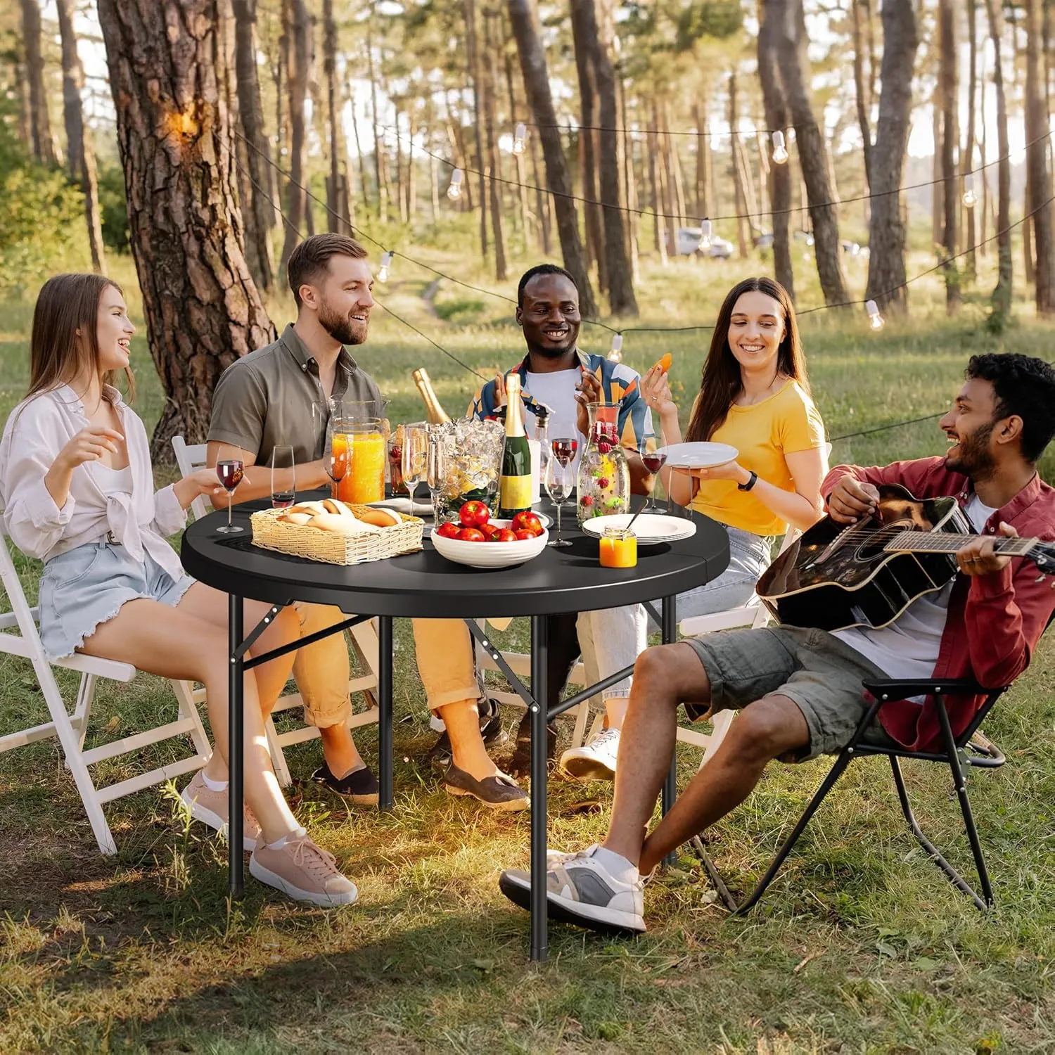 YITAHOME 48 Inch Round Folding Table with Carrying Handle, Portable Folding Round Table w/Heavy Duty Frame and Thick Tabletop for Indoor and Outdoor Dining, Camping, Parties, Picnics, BBQs, Black