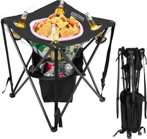 YOUNG WOOD Camping Table Folding Picnic Table with 4 Cup Holders, Cooler and Carrying Bags Collapsible Canvas Portable Tables Folding for Outdoors, Beach, Hiking and Tailgating, Black