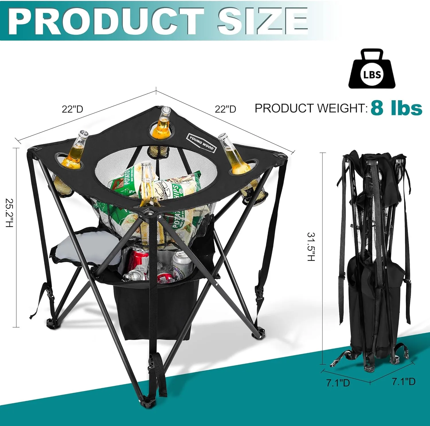 YOUNG WOOD Camping Table Folding Picnic Table with 4 Cup Holders, Cooler and Carrying Bags Collapsible Canvas Portable Tables Folding for Outdoors, Beach, Hiking and Tailgating, Black