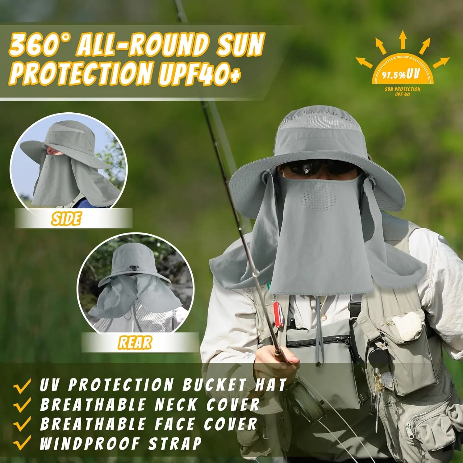zowya Wide Brim Sun Hat with Face&Neck Cover,UPF50  Sun Protection Hiking Camping Fishing for Women,S/M